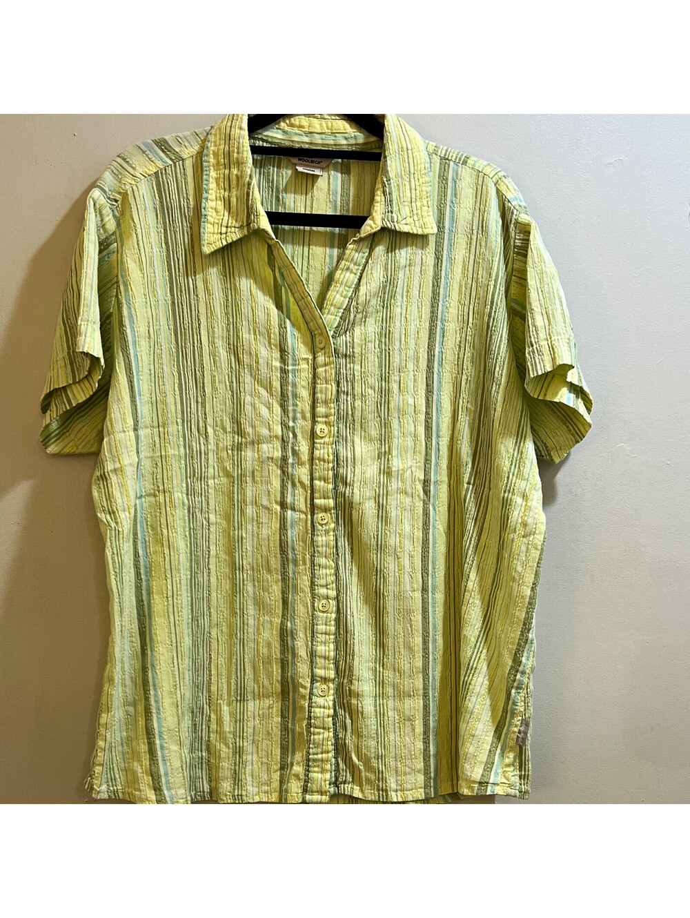 Woolrich Women’s XL Regular Yellow Green Blue Striped Collared Button-Up Shirt